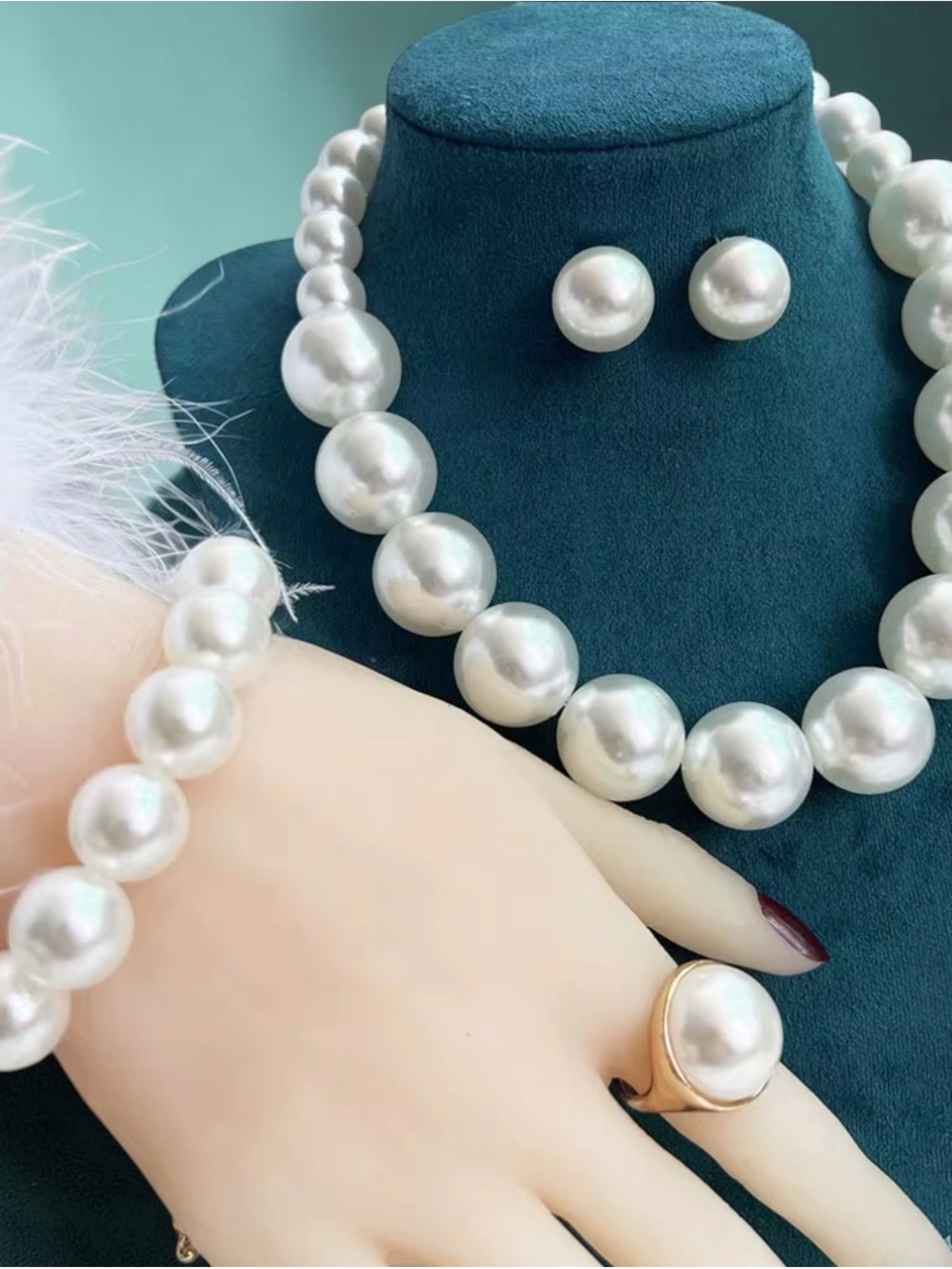 White Pearl Necklace Set with Matching Earrings and Bracelet